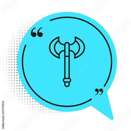Black line Medieval axe icon isolated on white background. Battle axe, executioner axe. Medieval weapon. Blue speech bubble symbol. Vector.