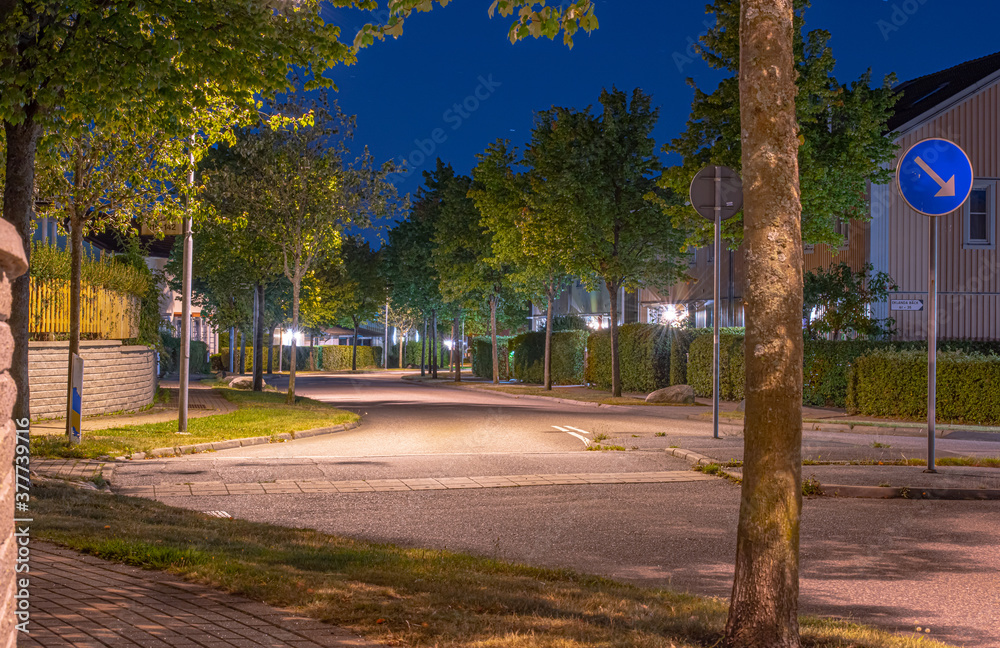 Suburban street on a summer night. Long exposure photo of a car passing.