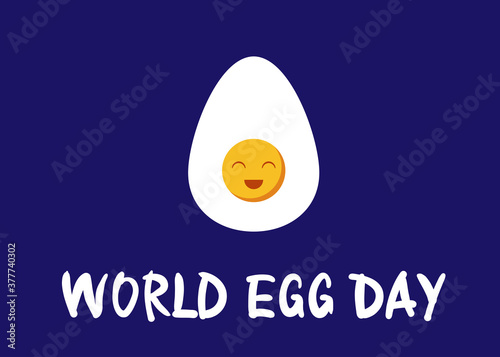 World egg day greeting card with vector cute smiling egg character  on a background of dark blue. Egg day poster or banner. EPS10