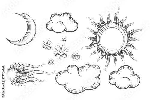 Sun moon comet stars and clouds in vintage engraving style
