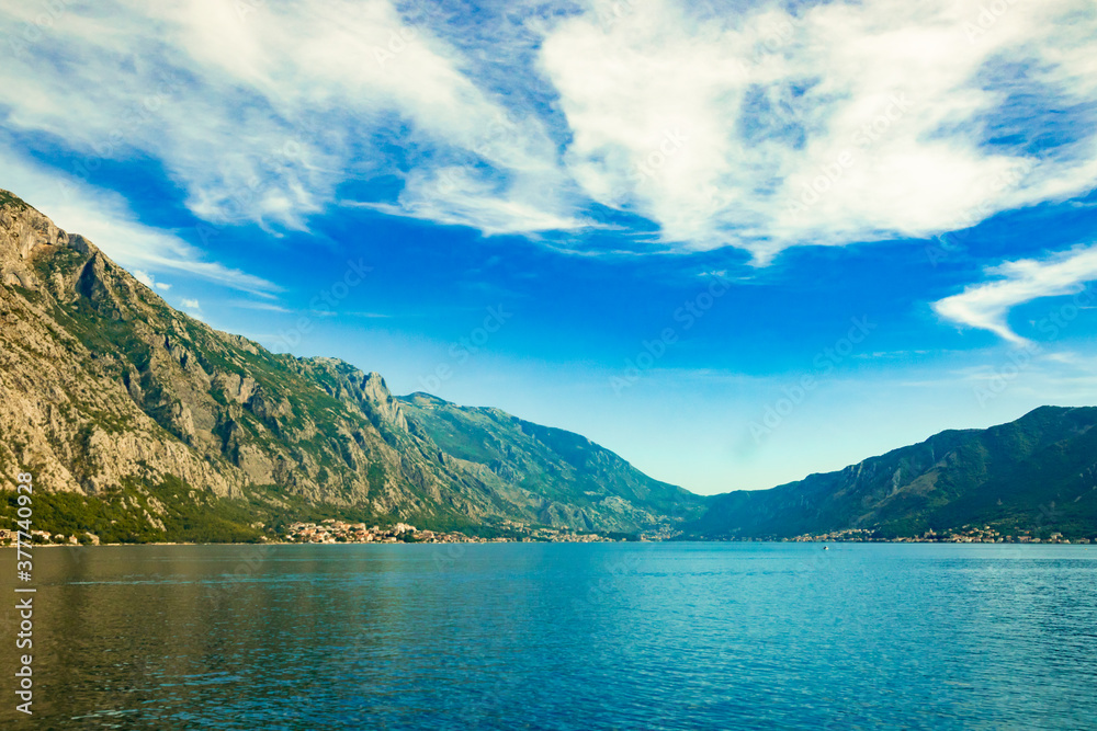 Fototapeta premium View of the Bay of Kotor from Perast, travel around Montenegro by bus