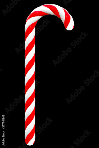 Classic red and white christmas candy cane isolated on black background. 3D rendering and 3D illustration.