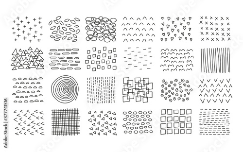 Set of scribble abstract doodle textures isolated on white background. Freehand inky stripes, zigzag lines, circles, triangles, hearts, crosses, squares, ovals, swirls, dots.