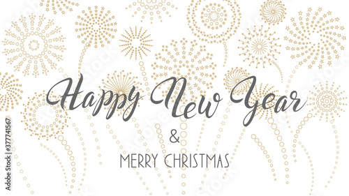 Merry Christmas and Happy New Year greetings on a white background with various fireworks.