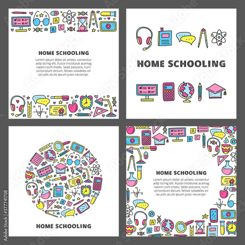Set of cards with lettering and doodle colored education, e-learning icons including computer, phone, ruler, globe, divider, lamp, headphones, calculator, hourglass, etc isolated on grey background.