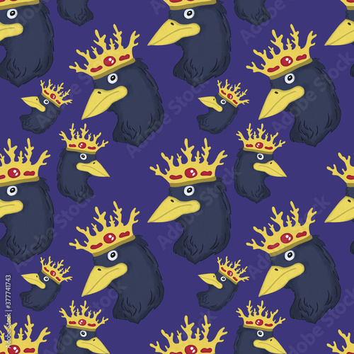 Fototapeta Naklejka Na Ścianę i Meble -  Seamless pattern illustration image in cartoon style Doodle head of a blue crow in a Golden crown on a purple background, bird, for prints, fabrics, textiles. websites, postcards, backgrounds