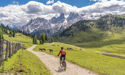 nice and active senior woman riding her electric mountain bike on the high plateau of Pratto Piazzo in the three peaks Dolomites , rocky silhouette of Mount Cristallo in background, South Tirol, Italy photo