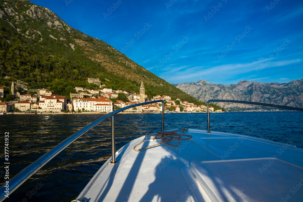 Trip to Perast by boat view from the Adriatic sea, beautiful landscape of the old town of Montenegro