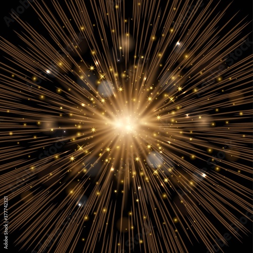 Realistic vector sparkling magic lights glowing shining on black background. Starburst with sparkles. Sun, burst, star force explosion. Bright illuminated effect. Party, event, festive miracle design.