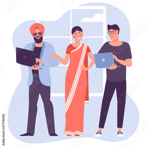 Multicultural teamwork illustration. Flat desogn vector cartoon characters of people of different nationalities and religion. Multinational society an diversity concept.