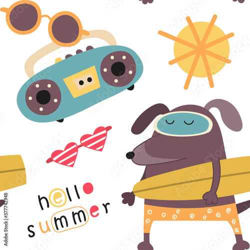 Fototapeta Naklejka Na Ścianę i Meble -  Colorful summer seamless pattern with cute surf dog and holidays theme. Vector. Kids illustration for nursery. Perfect for baby clothes, greeting card, wrapping. Pattern is cut, no clipping mask.