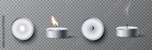 Small white tea candle set. Round isolated home candles with comfy tealight. Flame burning, lit and unlit cases with wax or paraffin. For birthday, anniversary vector illustration