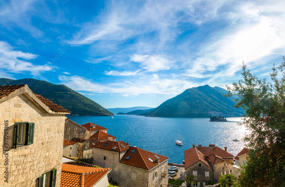 Panorama from the city of Perast, rich amazing landscape, nature mountains and adriatic sea in europe