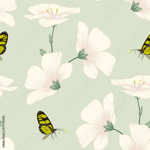 Seamless Floral Light Flax Flowers with Green Leaves and Cute Butterfly for Textile and Fabric Patterns © AydesenDesign