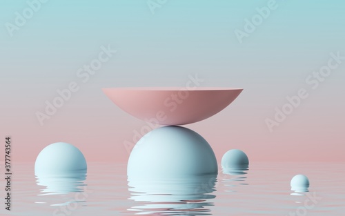 3d render  abstract modern minimal background with pink blue hemispheres and reflection in the water on the wet floor. Empty podium. Showcase with space for product displaying