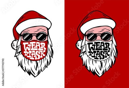 Postcard with hand drawn Santa in medical mask. Lettering WEAR MASK in white and red. Vector template for banner, poster, advertising, door sign. Illustration for Christmas and New Year holiday.