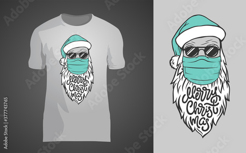 Lettering MERRY CHRISTMAS with hand drawn Santa Claus in medical mask on gray background. Vector template for printing on shirt, cover, sketchbook. Illustration for clothing, apparel, printshop.