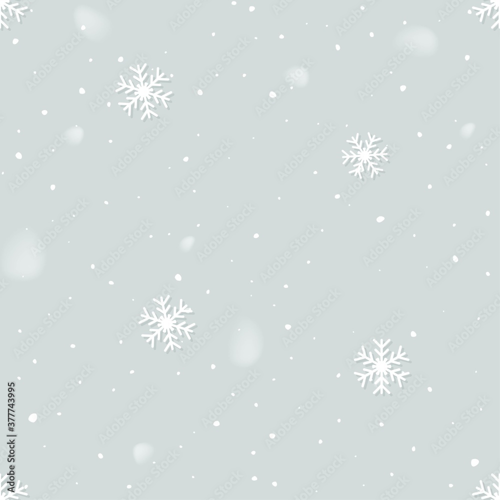 Winter snow flakes christmas seamless background. Falling white glowing snow from sky. Snowflakes decoration vector illustration. Holiday, happy new year, xmas card design