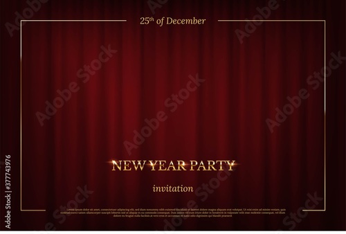 New Year Party invitation design template. Red curtain theater stage