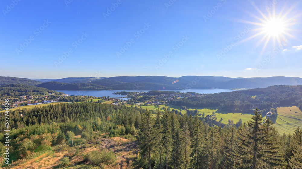 Panoramic view to Schluchsee from the Riesenbühlturm tower Panoramic view to Schluchsee from the Riesenbühlturm tower