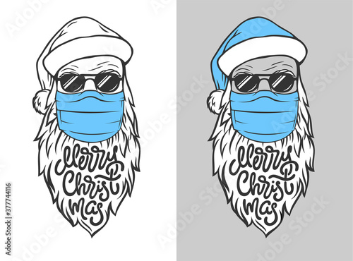 Illustration with hand drawn Santa Claus in medical mask with lettering MERRY CHRISTMAS on isolated white and gray background. Vector template for card, banner, poster, ad, web design, sign door.