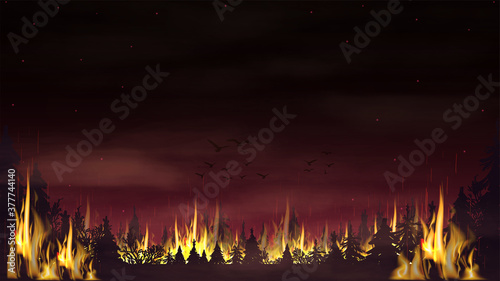 A forest fire with a red smoky sky. Vector landscape with burning spruce forest