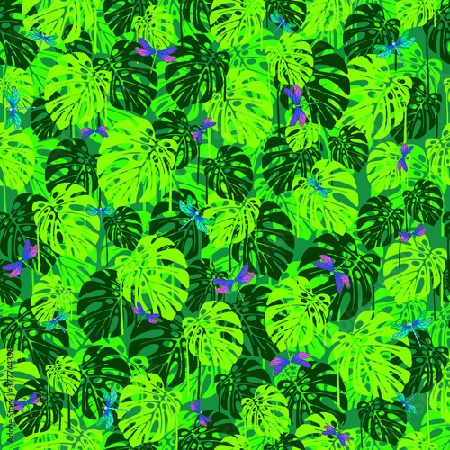 Tropical Monstera leaves seamless pattern with dragonfly.
