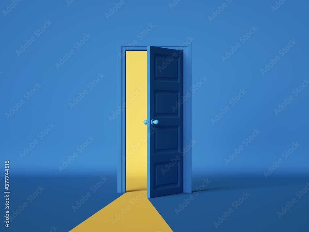 3d render, yellow light going through the open door isolated on blue background. Architectural design element. Modern minimal concept. Opportunity metaphor. - obrazy, fototapety, plakaty 
