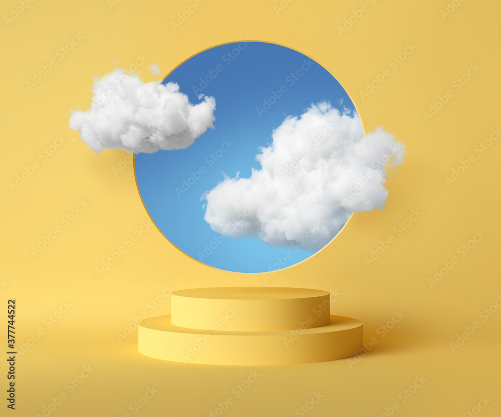 3d render, abstract background with blue sky inside the round hole on the yellow wall. White clouds fly through the window above the empty podium. Blank showcase mockup