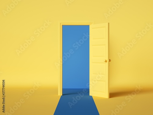 Fototapeta Naklejka Na Ścianę i Meble -  3d render, yellow blue background with open door. Room interior design element. Modern minimal concept. Opportunity metaphor.