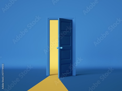 Fototapeta 3d render, yellow light going through the open door isolated on blue background