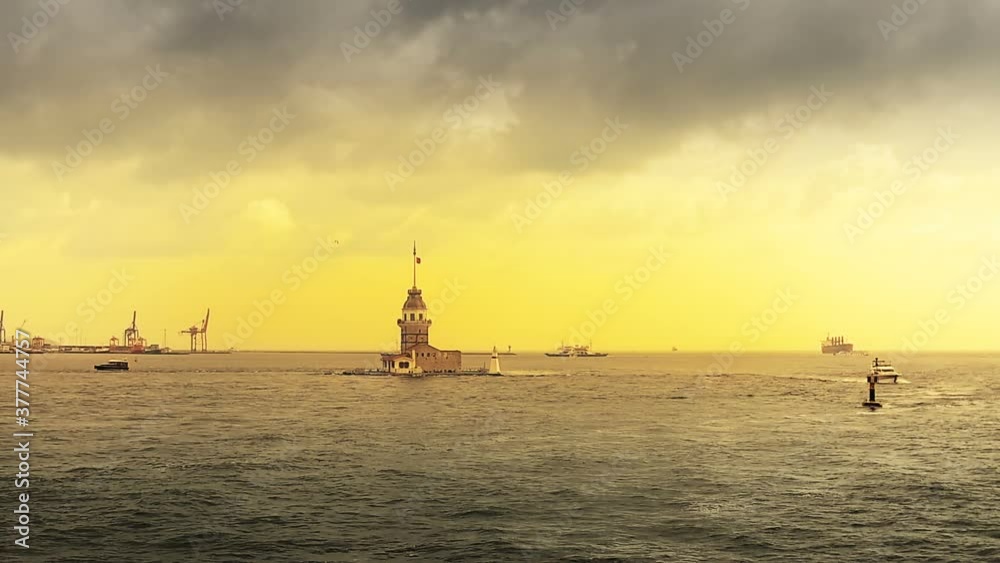 Hyperlapse of maidens tower in istanbul, turkey, kiz kulesi tower, sunset in istanbul Hyperlapse of maidens tower in istanbul, turkey, kiz kulesi tower, sunset in istanbul