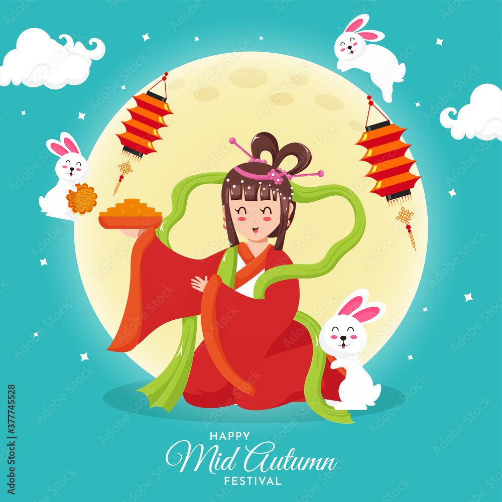 Naklejka premium Beautiful illustration of goddess of moon with cute bunny for celebration Mid autumn festival.