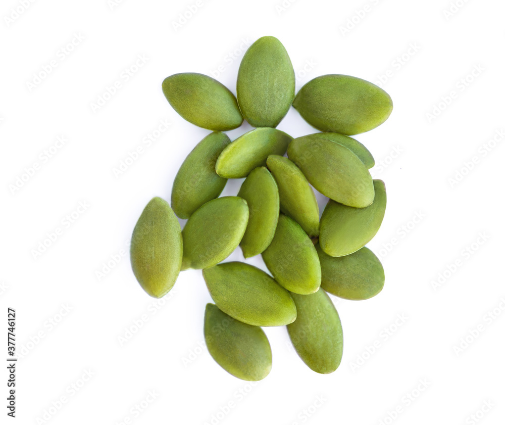 Pumpkin seeds isolated on white background, top view. Autumn food. Pumpkin seeds isolated on white background, top view. Autumn food.