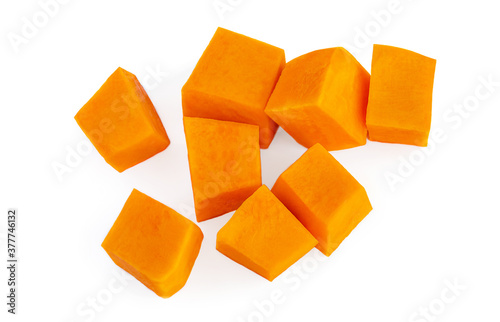 Pumpkin vegetable cube slice isolated on white background. Top view. Autumn Pumpkins Thanksgiving concept