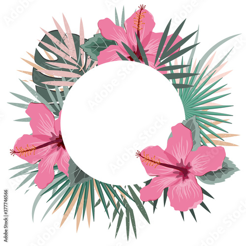 Round frame with tropical palm leaves and hibiscus flowers. Tropic summer background. Vector illustration for cards, web page backgrounds, prints