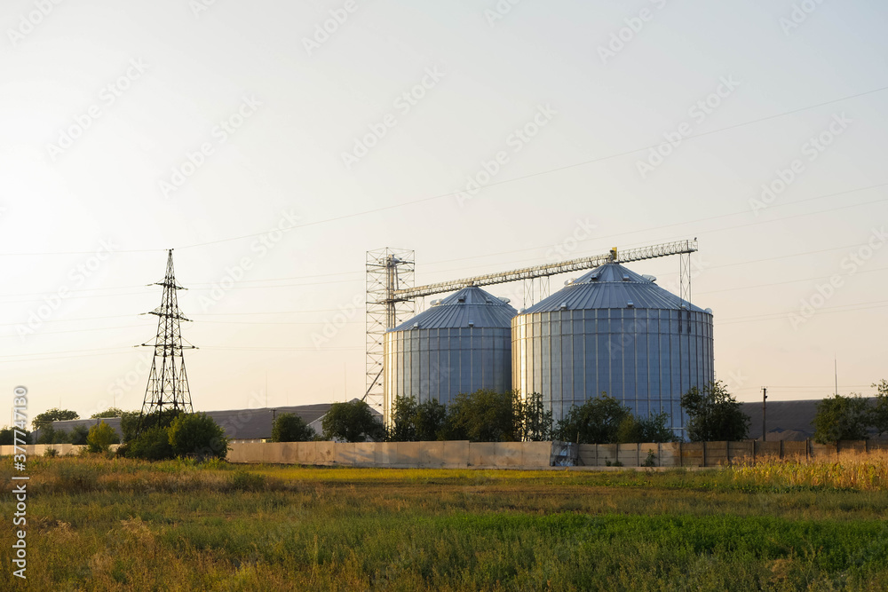 Steel grain elevator stands in the field. Agriculture business. Cereals storage. Copy space. Harvesting seeds Steel grain elevator stands in the field. Agriculture business. Cereals storage. Copy space. Harvesting seeds