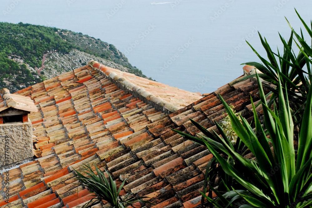 France- Eze- Panoramic View of Ancient Tiled Roof on Cliff Edge
