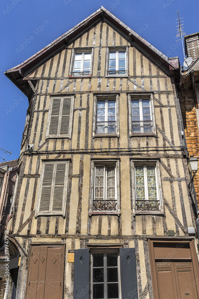 Architectural fragments of beautiful ancient half-timbered house (mainly of XVI century) in Troyes. Troyes is a commune and the capital of Aube department (Champagne region) in north-central France.