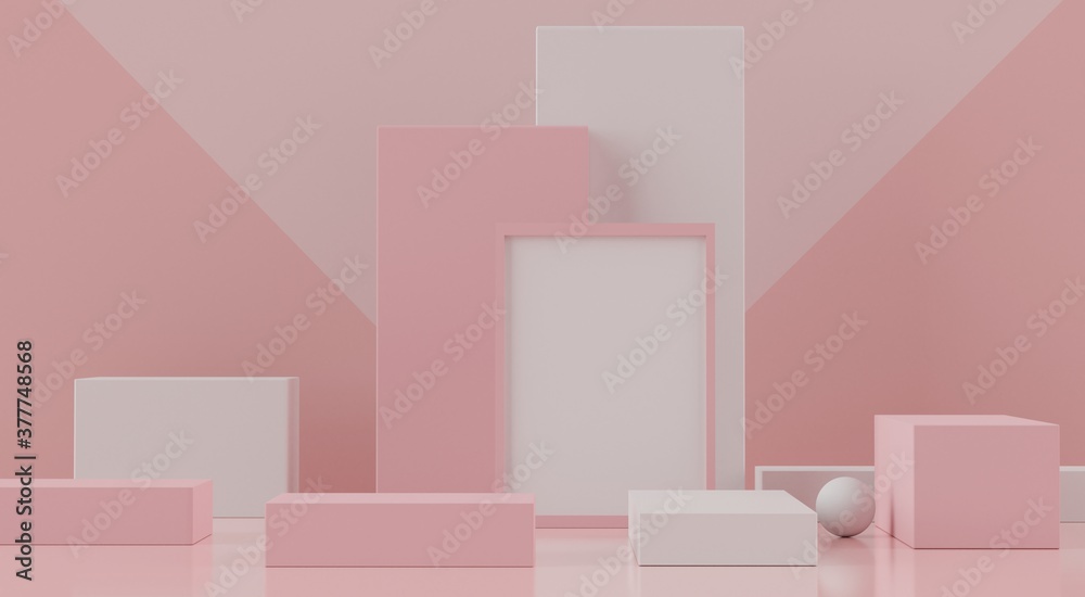 3d rendering of pink coral minimal displays podium or pedestal for mock up and products presentation with abstract simple geometric shapes. 3d rendering of pink coral minimal displays podium or pedestal for mock up and products presentation with abstract simple geometric shapes.