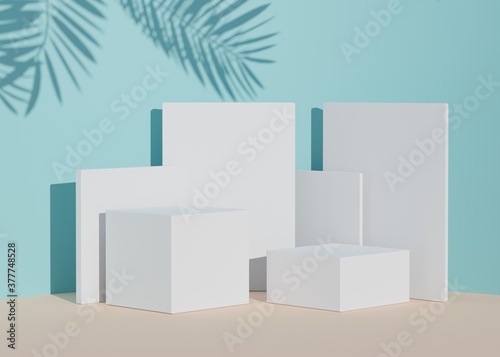 Abstract background of empty podium display for products and cosmetic presentation and mock up. white box pedestal or showcase with shadow of palm leaves and blue wall. Summer time. 3d rendering
