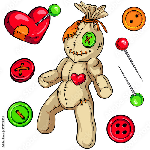 Big set of voodoo doll, heart shaped pincushion, additional pins and buttons. Vector illustrations for your Halloween, horror party and other creepy designs, party invitations, cards, posters, etc.