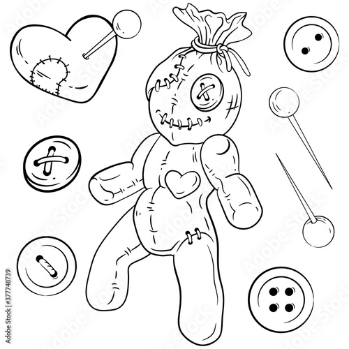 Big set of voodoo doll, heart shaped pincushion, additional pins and buttons. Line art vector illustrations for your Halloween, horror party and other  designs, invitations, cards, posters, etc.