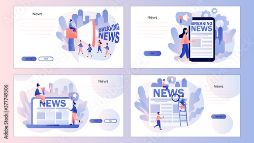 Breaking news. Tiny people read news online using smartphone  laptop or newspaper. Screen template for mobile smart phone, landing page, template, ui, web, mobile app, poster, banner, flyer. Vector 