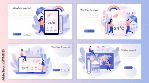 Weather forecast online. Meteorology. Sun, clouds, wind, thunderstorm, rain. Screen template for mobile smart phone, landing page, template, ui, web, mobile app, poster, banner, flyer. Vector 