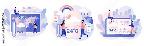 Weather forecast online. Meteorology science. Meteorologist studying and researching weather and climate condition. Sun, clouds, wind, thunderstorm,rain. Modern flat cartoon style. Vector illustration