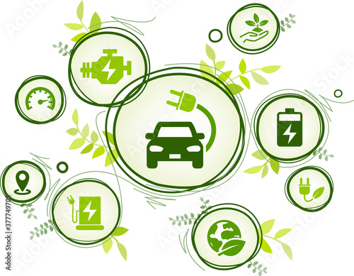 e-car / electric car vector illustration. Concept with connected icons related to e-mobility, alternative fuel, hybrid vehicle, electro mobility or battery powered cars.