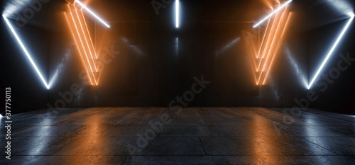 Fototapeta Naklejka Na Ścianę i Meble -  Big Large Neon Laser Blue  Yellow Orange Dark Night Warehouse Tunnel Corridor Concrete Garage Grunge Sci Fi Futuristic Underground Showcase Car Parking Empty 3D Rendering