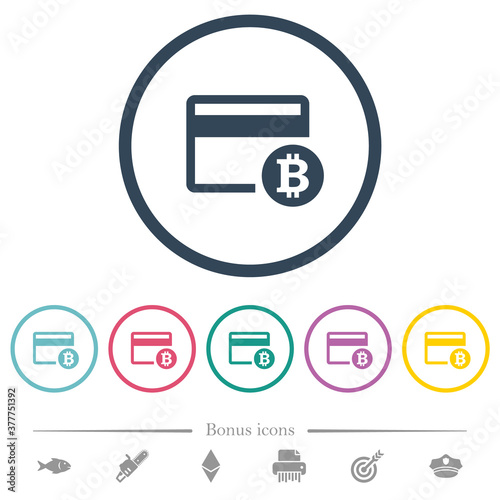 Bitcoin credit card flat color icons in round outlines