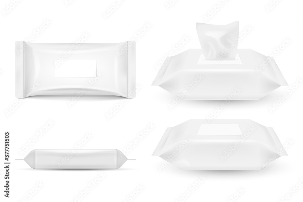Realistic cosmetic wet wipe pack mockup set with open and closed flap from top and side view isolated on white background. Vector illustration. Realistic cosmetic wet wipe pack mockup set with open and closed flap from top and side view isolated on white background. Vector illustration.